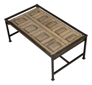 Contemporary Coffee Table Made with Antique Door Fragment on Custom Iron Base