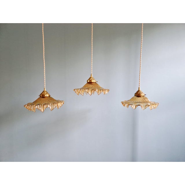 Amber-Colored Pleated Glass Pendant Lights, 1930s, Set of 3 For Sale - Image 9 of 18