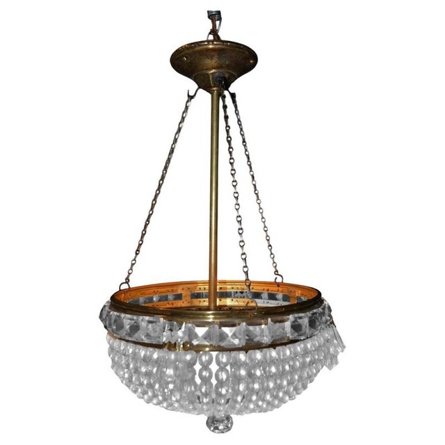 Metal Art Deco French Crystal Beaded Basket Chandelier with Brass, 1930s For Sale - Image 7 of 7