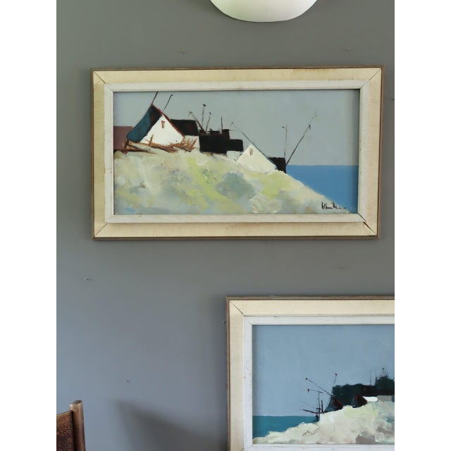 Mid-Century Modern 'Cliffside Houses' Swedish Original Coastal Landscape Oil Painting, Framed For Sale - Image 4 of 13