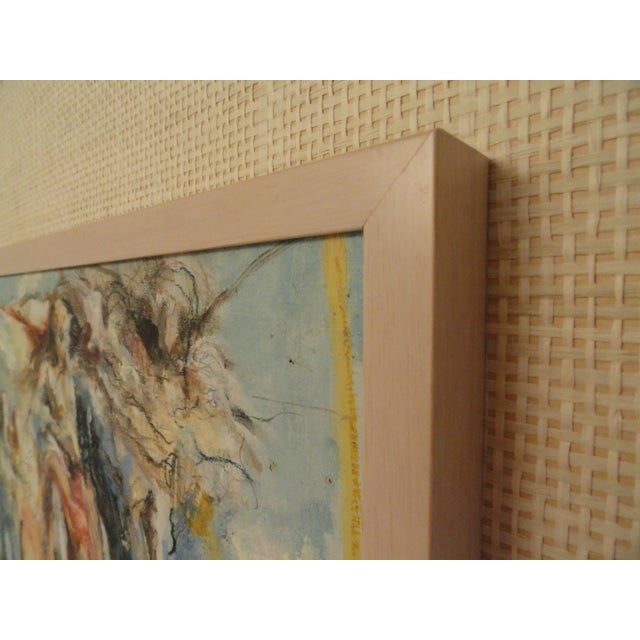 Unsigned oil on canvas with small wood frame and mounted on a large-scale frame with woven matting. Image is 17.25" wide...