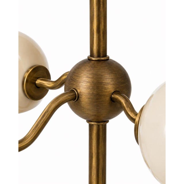 8 Light Brass Dome Chandelier, Mid Century Tiered Pendant Light, Cream Shade Ceiling Fixture, Sculptural Dining Room Lighting For Sale - Image 4 of 9