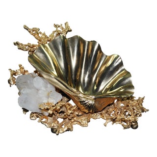 1970s French Gilt Bronze Clamshell and Crystal Sculpture by Claude Victor Boeltz For Sale