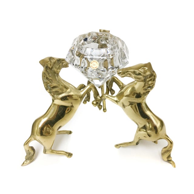Mid-Century Modern Three Brass Horses Holding Crystal Diamond Candle Holder For Sale - Image 3 of 11