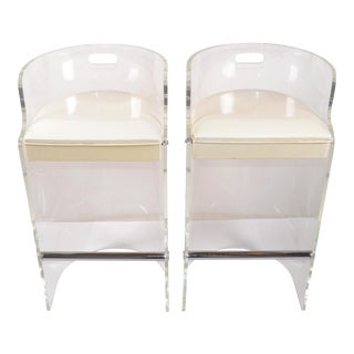 Charles Hollis Jones Lucite, Chrome & White Seat Bar Stools Hills Mfg - Pair For Sale
