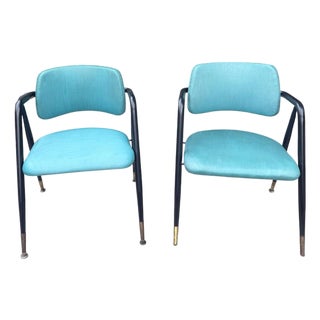 Vintage MCM Pivot Back Armchairs in Turquoise, Black Steel & Brass - Pair For Sale