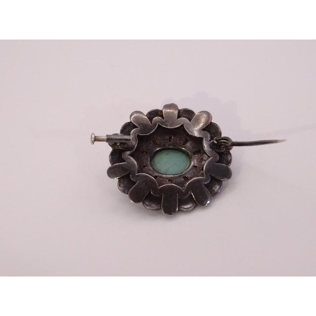 Art Nouveau Cabochon Flower Brooch in Antiqued Metal, Enamel and Turquoise, France, 1920s For Sale - Image 11 of 18