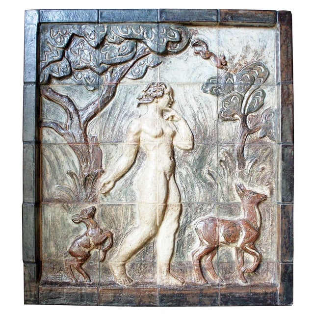 1940s Large Pair Knud Kyhn for Royal Copenhagen Stoneware Tile Wall Panels, Adam and Eve For Sale - Image 5 of 10
