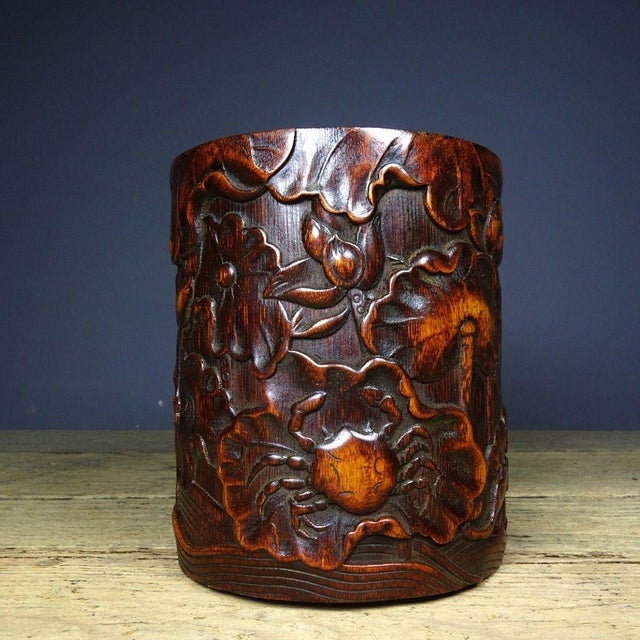 Mid 20th Century Vintage Chinese Bamboo Carved "Lotus & Crab" Brush Pot - 480g For Sale - Image 5 of 9