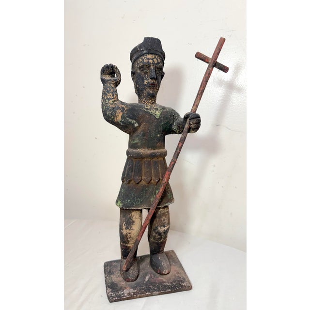 Large Antique 1600's Hand Carved Saint San Miguel Santos Religious Sculpture For Sale - Image 4 of 14