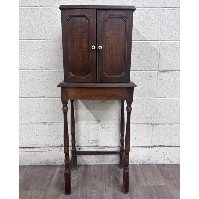 Antique C. 1920 Tudor Revival Walnut Silver / Jewelry / Collector Cabinet For Sale - Image 10 of 12