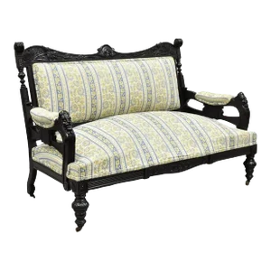 Mid 19th Century Antique Victorian Aesthetic Movement Black Ebonized Figural Carved Loveseat Sofa