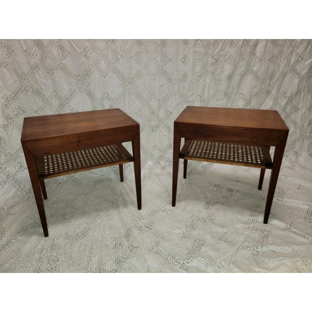 Brown 1960s Danish Rosewood Side Table With Rattan Shelf - Set of 2 For Sale - Image 8 of 13