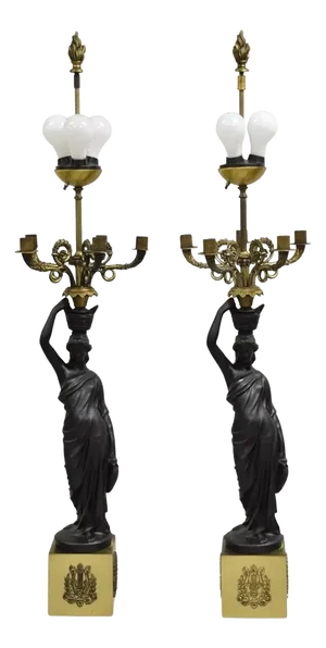 Mid 20th Century French Empire Neoclassical Style Figural Maiden Candelabra Table Lamps - A Pair