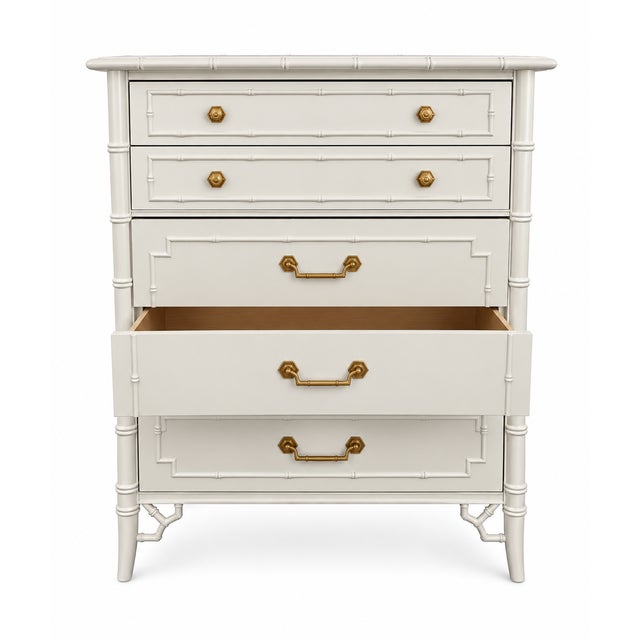 Mid 20th Century Vintage Thomasville Faux Bamboo Highboy Dresser With Chinoiserie Fretwork & Brass Hardware For Sale - Image 5 of 8