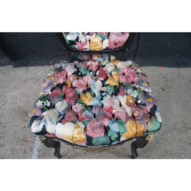 4 Antique French Louis XV Style Ebonized Dining Chairs Boussac Fabric Ormolu For Sale - Image 12 of 13