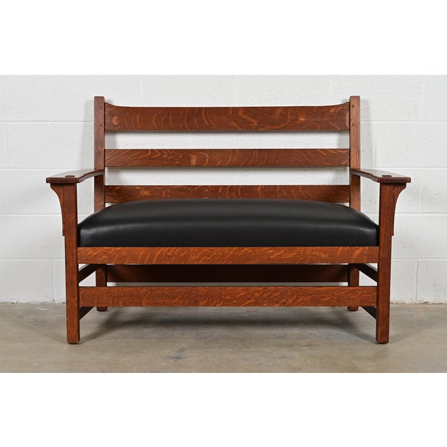 An exceptional antique Mission or Arts & Crafts period bench, settle sofa, settee, or love seat By L. & J.G. Stickley USA,...