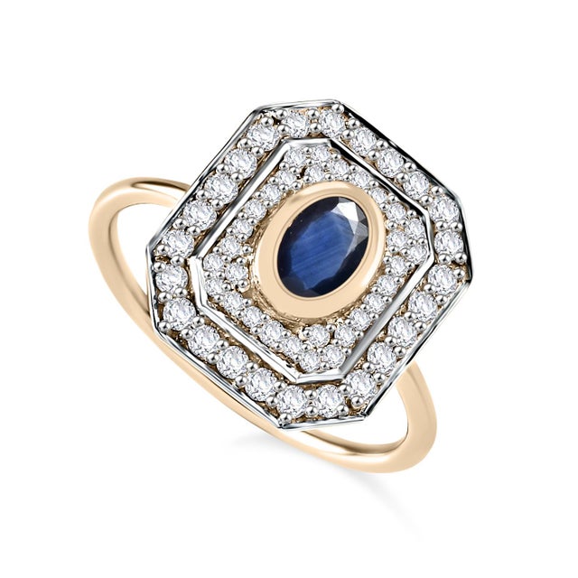Ink Blue Halo Diamond Sapphire Stone Wedding Ring in 14k Gold Size 6 For Sale - Image 8 of 12