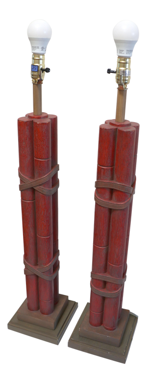 Ceramic Pottery Red Bamboo Effect Tall Lamps- a Pair