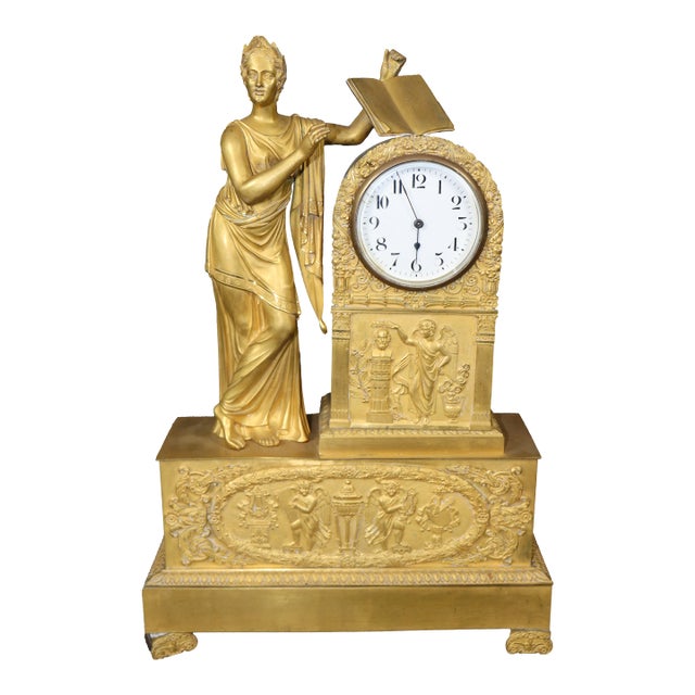 Fine French Empire Style Figural Maiden Solid Bronze Mantel Clock 1900s Era For Sale