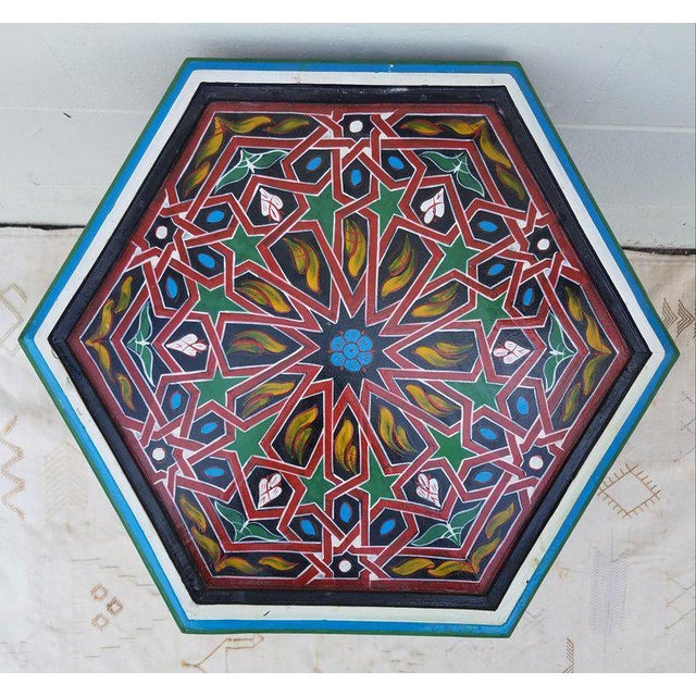 Moroccan Moroccan Hexagonal Hand Painted Wooden End Table For Sale - Image 3 of 7