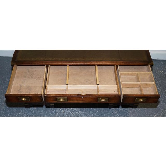 Military Campaign Twin Pedestal Desk with Aged Green Leather Top from Bevan Funell For Sale - Image 6 of 14