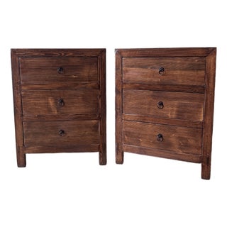 Pair of Circa Loft Rustic Wood Three-Drawer Bedside Chests For Sale