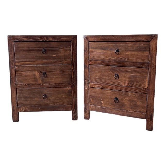 Pair of Circa Loft Rustic Wood Three-Drawer Bedside Chests For Sale