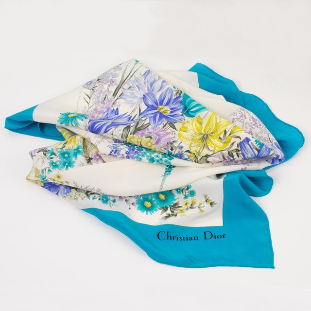 Contemporary Christian Dior Floral Silk Scarf Print in Blue and Lavender For Sale - Image 3 of 7