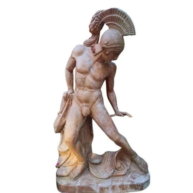 Italian Roman Warrior Sculpture in Red Travertine For Sale - Image 4 of 10