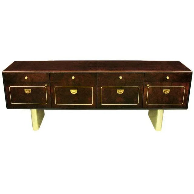 Romweber Burled Walnut and Brass Campaign-Modern Credenza For Sale - Image 10 of 10