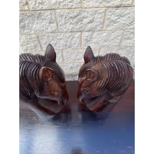 Vintage Equestrian Horse Head Sculptures in Dark Carved Wood - A Pair For Sale - Image 12 of 12