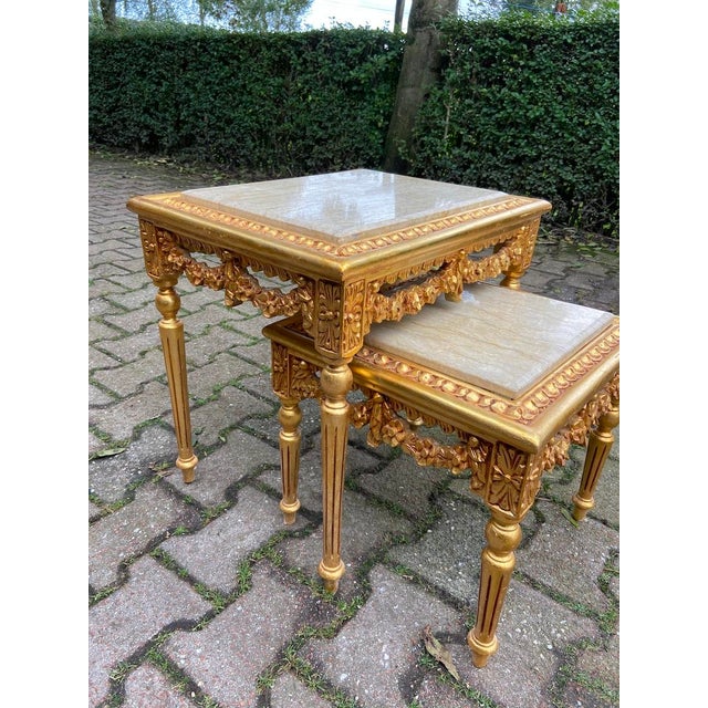Late 20thC French Louis XVI Gold Beech Marble Nesting Tables - Pair For Sale - Image 4 of 18