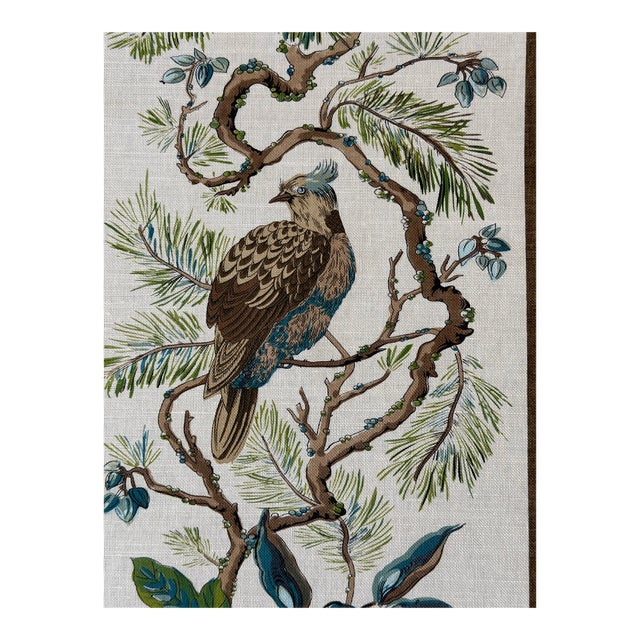 Thibaut Bird Branches Stripe Print Fabric Williamson Brown 1 6/8 Yards F910860 For Sale
