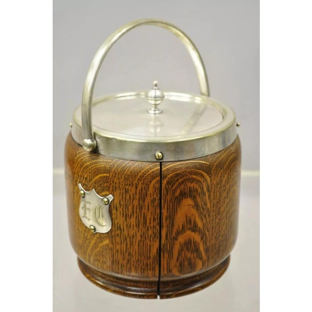 Antique H.C. & C. English Silver Plate and Oak Biscuit Barrel With Lid and Liner For Sale - Image 4 of 12