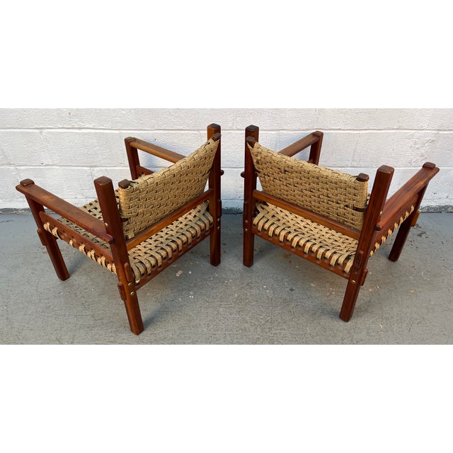 Pair of Mid-Century Teak Danish Woven Raffia Lounge Chairs For Sale - Image 4 of 10