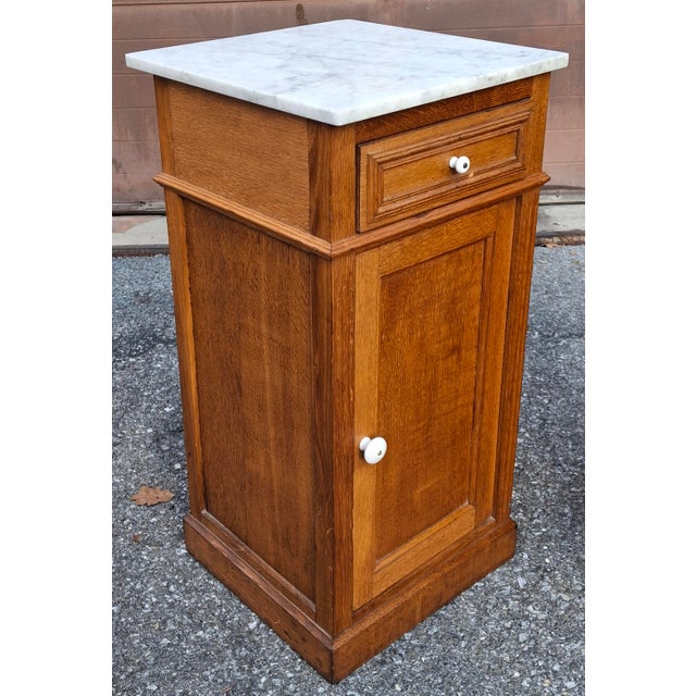 Tan Near Pair of Victorian Oak and Marble Top Side Tables For Sale - Image 8 of 18