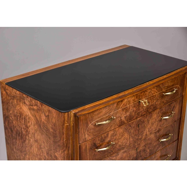 Wood Italian Mid-Century Burl Walnut Four-Drawer Chest With Black Glass Top For Sale - Image 7 of 12