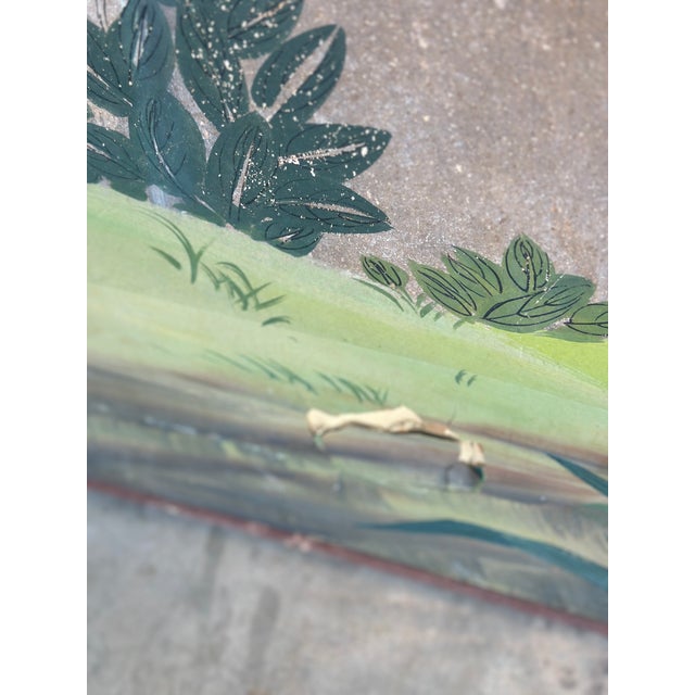 1920s Antique Hand-Painted Japanese Four-Panel Screen With Birds and Bamboo Motif For Sale - Image 5 of 12