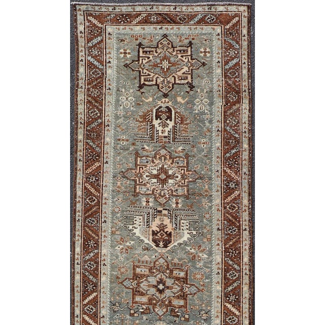 Tribal Antique Persian Heriz Runner in Wool With Geometric Medallions in Light Gray Green and Brown For Sale - Image 3 of 12