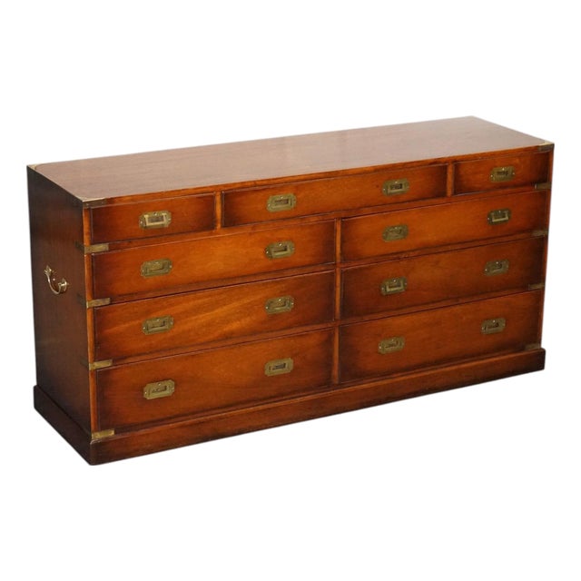 Vintage Yew Wood Military Campaign Sideboard Bank of Drawers with Brass Handles For Sale