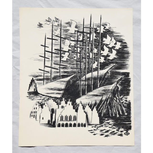 Egbert Bruckner, The Town by the Sea, 1947, Ink on Paper For Sale - Image 4 of 12