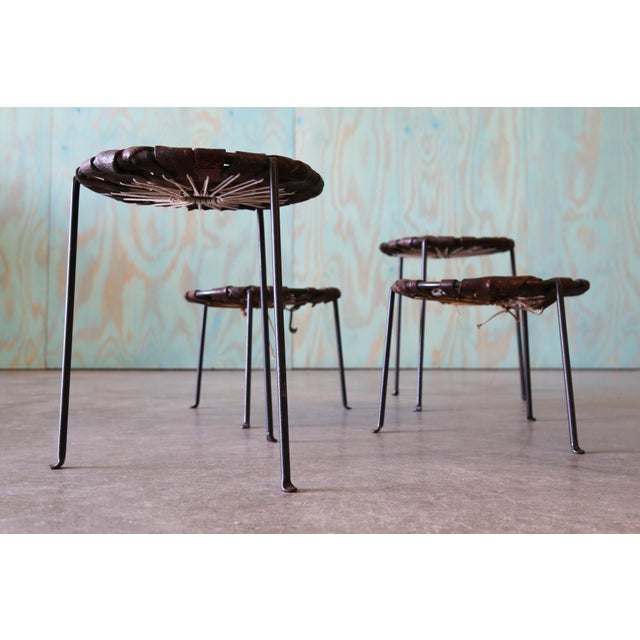 A Set of 4 1940's Swift and Monell Woven Leather and Iron Stools Mid Century Modern For Sale - Image 4 of 17