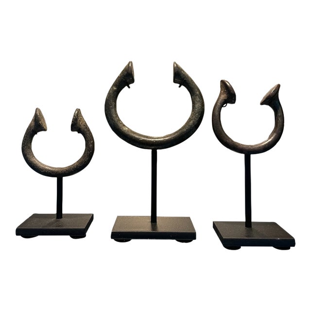 Antique African Bronze Manilla Mounted Currency Forms- a Set of 3 For Sale