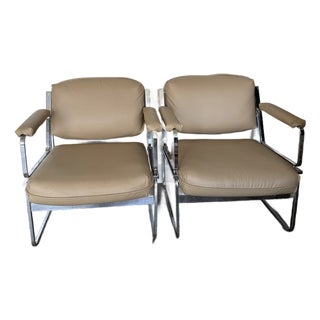 Vintage Milo Baughman Style Chrome and Leather Club Chairs - Set of 2 For Sale
