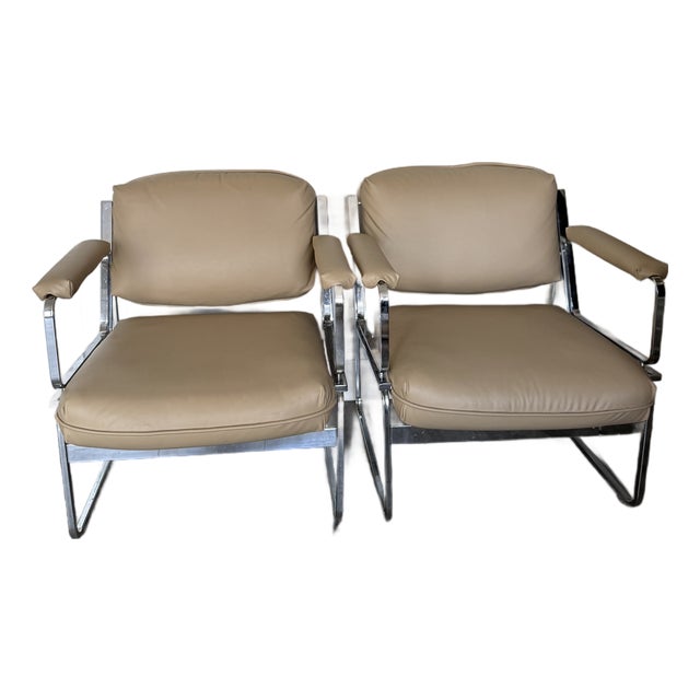 Vintage Milo Baughman Style Chrome and Leather Club Chairs - Set of 2 For Sale