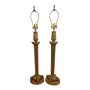 Mid Century Modern Tall Brass Columnar Table Lamps - a Pair