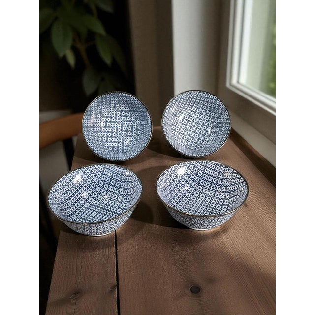 This set of four blue and white mosaic pattern Japanese soup bowls is a beautiful and authentic piece of Asian collectible...