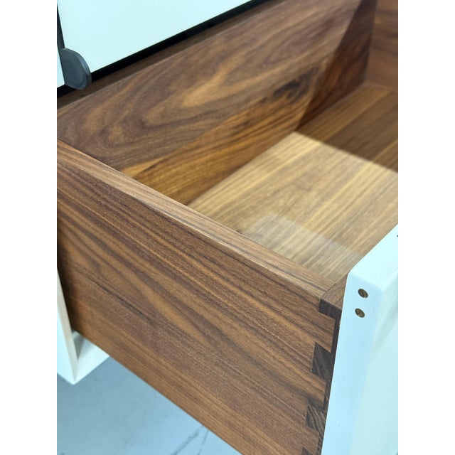 BDDW Lake Credenza White Lacquer Ebonized Hardware Walnut Interiors, Attributed For Sale - Image 4 of 18