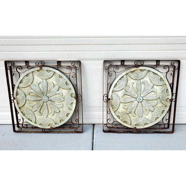 1980s Vintage Pair of Square Iron Framed Terracotta Relief Floral Medallion Wall Hangings For Sale - Image 12 of 12
